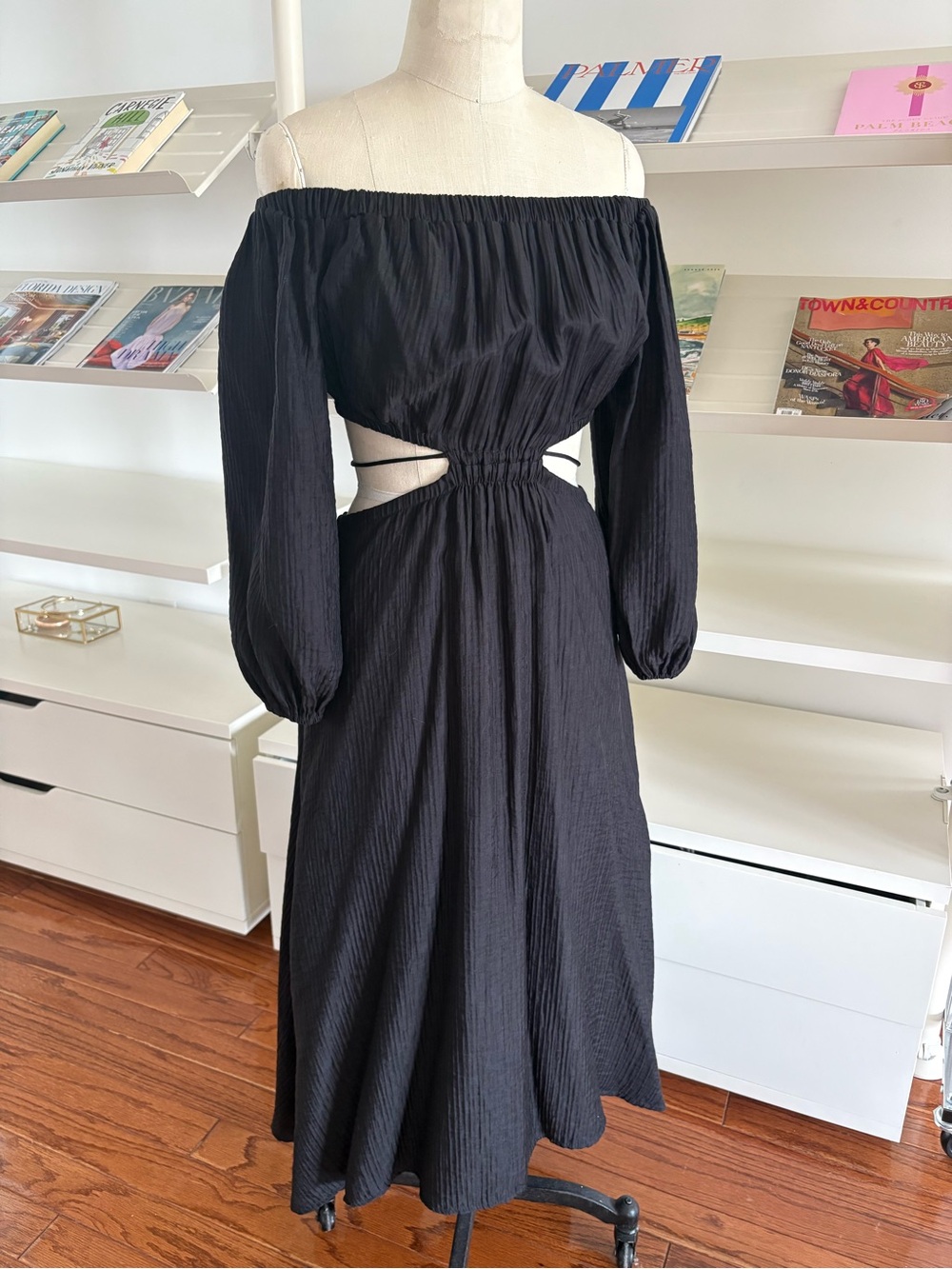 Astr The Label Black Off-Shoulder Cutout Midi Dress